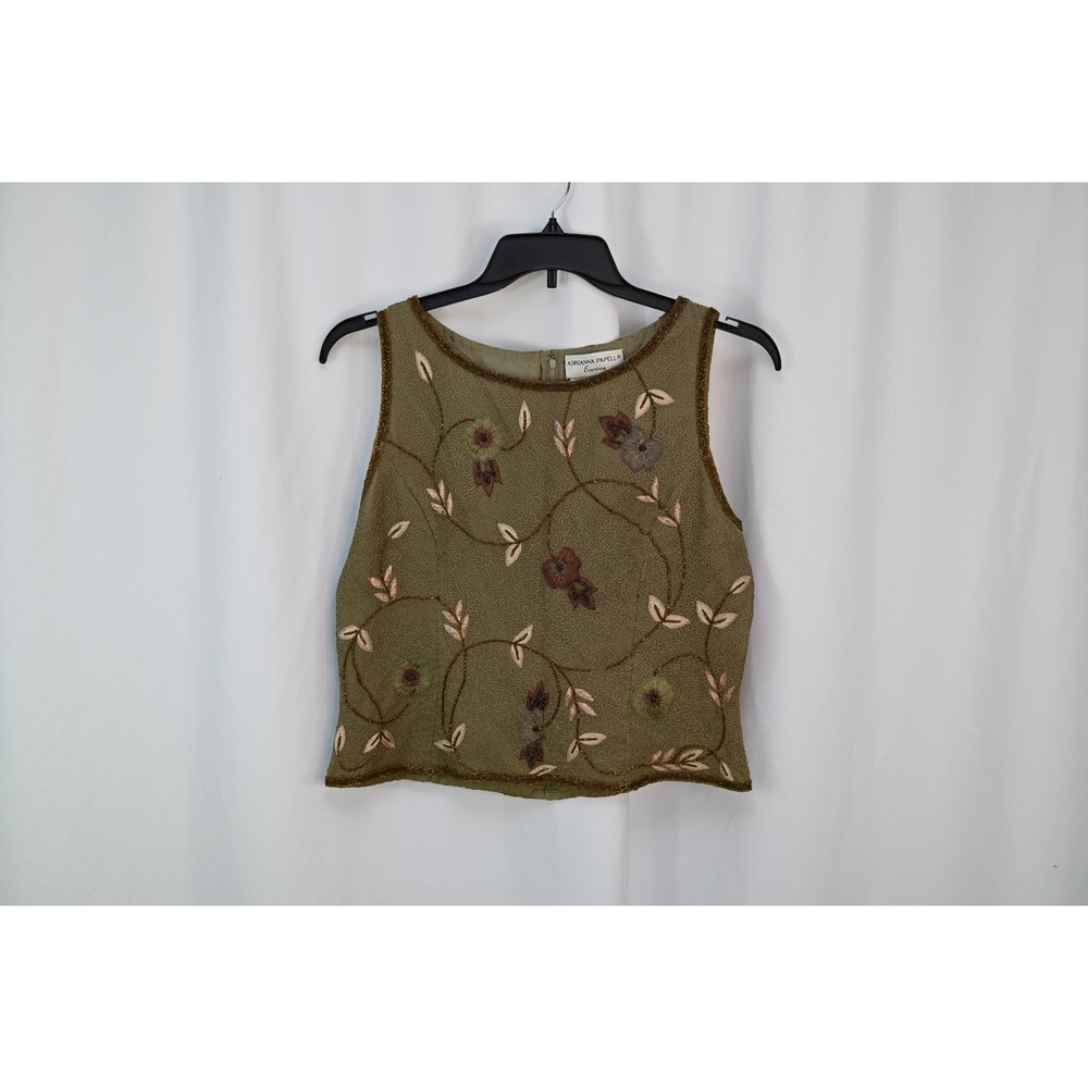 Adrianna Papell Evening Beaded Silk Top Olive Green Floral Embroidered Size 12